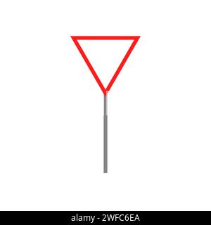 Give way road sign. Red triangle. Priority traffic icon. Metallic pillar. Flat art. Vector illustration. Stock image. EPS 10. Stock Vector