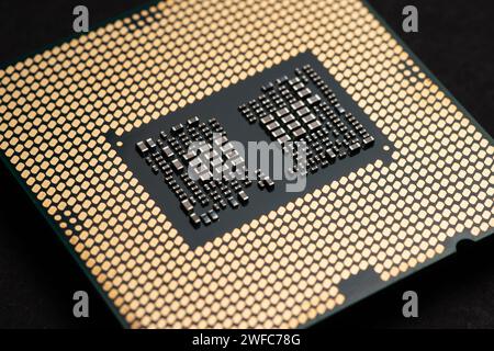 Closeup CPU or Central Processing Unit from motherboard, macro shot microprocessor unit of computer hardware system Stock Photo