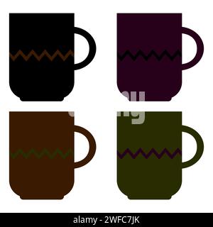 Big cup icon set. Black, purple, brown, green. Zig zag pattern. Home design element. Vector illustration. Stock image. EPS 10. Stock Vector