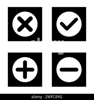 Plus, minus, cross and mark icons. Black circle. Four stained validation. Check sign. Vector illustration. Stock image. EPS 10. Stock Vector