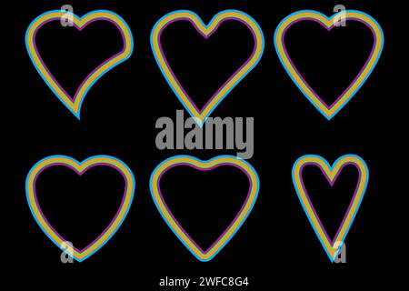 Different heart icons set. Colorful neon frame. Black background. Love symbol. Vector illustration. Stock image. EPS 10. Stock Vector