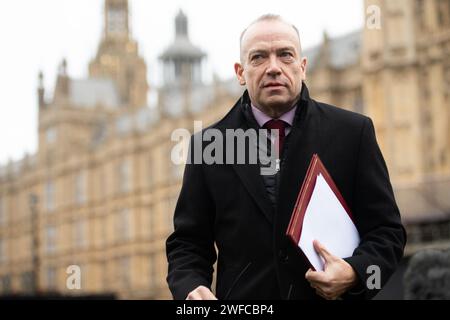 London, UK. 30 Jan 2024. Chris Heaton-Harris - Secretary of State for Northern Ireland speaks at a press conference in College Green after the Democratic Unionist Party (DUP) voted to drop the two year blockade of Stormont last night paving the way for Northern Ireland's Assembly to resume after being suspended for two years.  Credit: Justin Ng/Alamy Live News. Stock Photo