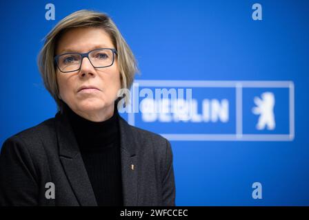 Berlin, Germany. 30th Jan, 2024. Christine Richter, spokesperson for the Berlin Senate, discusses current issues at the press conference after the Berlin Senate meeting in the Rotes Rathaus. Credit: Bernd von Jutrczenka/dpa/Alamy Live News Stock Photo