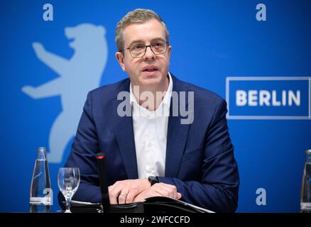 Berlin, Germany. 30th Jan, 2024. Stefan Evers (CDU), Berlin Senator for Finance, comments on current issues at the press conference after the Berlin Senate meeting in the Rotes Rathaus. Credit: Bernd von Jutrczenka/dpa/Alamy Live News Stock Photo