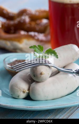 bavarian white sausages with pretzel Stock Photo