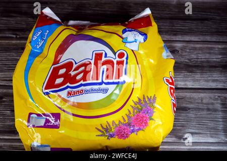 Cairo, Egypt, January 23 2024: Bahi lavender fragrance detergent powder for clothes with Nano technology, Petrochemical Free, clear ingredient, for ma Stock Photo