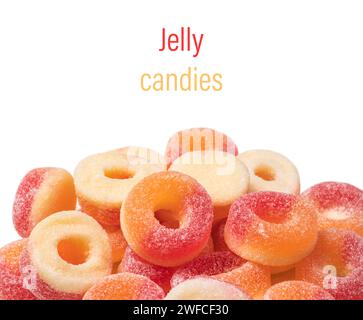 Gummy rings with sugar background. Close up. Stock Photo