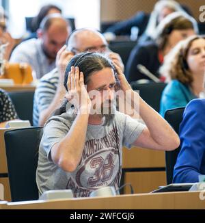 7th July 2014 - Brussels, Belgium - Luke 'Ming' Flanagan MEP pictured during his first contribution to the AGRI committee in Brussels. Stock Photo