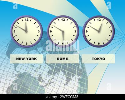 Three clocks showing different time zones, Earth on background. Digital illustration. Stock Photo