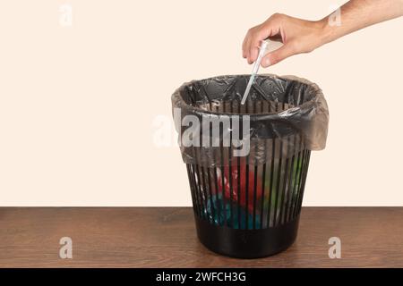 Throw medicine trash bottom view expired pills syringe addiction problem modern world. Stock Photo