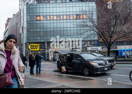 The “Climate Clock” in Union Square counts down the time left until we have to reach zero emissions and avoid raising global temperature above 1.5º C, seen on Thursday, January 25, 2024.  (© Richard B. Levine) Stock Photo