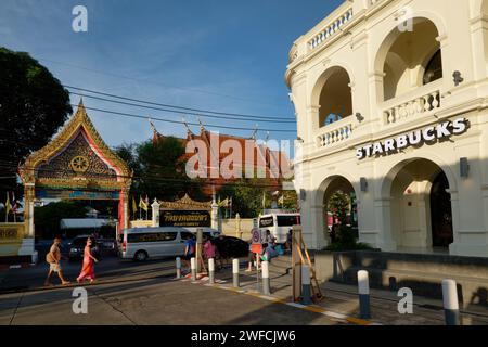 View of the Old Town area of Phuket Town, Thailand, with a Starbucks outlet built 2024 in the traditional Sino-Portuguese style typical for the town Stock Photo