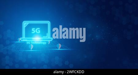 Futuristic blue 5G text and abstract technology background. Artificial intelligence digital transformation and Business quantum internet network commu Stock Photo