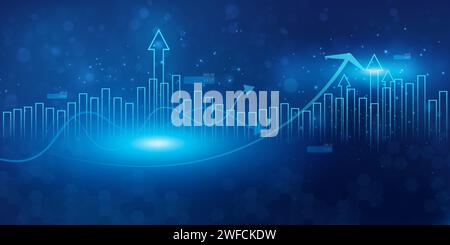 Business growth arrow up digital on blue dark background, investment graph technology circuit to success, financial data technology strategy, market c Stock Photo