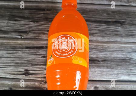 Cairo, Egypt, January 23 2024: Spiro Spathis mandarin orange soda drink, Spiro Spathis Company was established in 1920 by Greek Foreigner SpiroSpathis Stock Photo