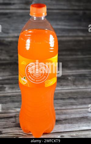 Cairo, Egypt, January 23 2024: Spiro Spathis mandarin orange soda drink, Spiro Spathis Company was established in 1920 by Greek Foreigner SpiroSpathis Stock Photo