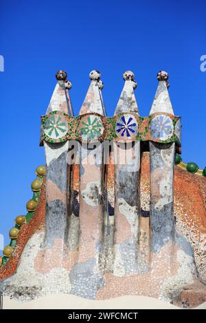 Chimney on Casa Batllo roof, Antonio Gaudi house. Barcelona, Catalunya, Spain Stock Photo