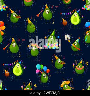 Cartoon avocado characters or holiday party seamless pattern, vector background. Cute funny avocado on happy birthday celebration with balloons, Mexican sombreroand birthday cake on fiesta Stock Vector