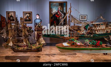 London, UK. 30th Jan, 2024. Hew Locke, Armada, 2017-2019 - the new exhibition Entangled Pasts: 1768-now: Art, Colonialism and Change, at the Royal Academy of arts. Usage must mention this exhibition. The exhibition runs from 3 February to 28 April 2024. Credit: Guy Bell/Alamy Live News Stock Photo