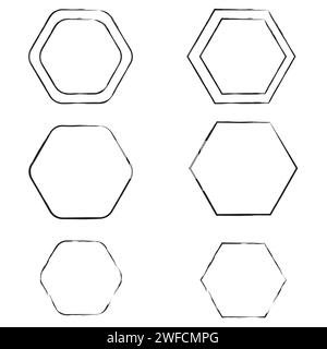 Exclusive frames, figures. Hexagonal shapes in brush style. Frames with six corners. Framework from thin lines.stock image. EPS 10. Stock Vector