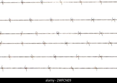 Barbed wire and fence, front view of a wire mesh, black and white. Protection, private place, no access. Prisoners, protected area. 3d rendering Stock Photo