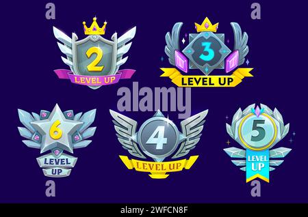 Game interface level up metal badges, steel win icons with wings and crystals, vector UI. Game level complete awards and rewards, silver shields, medals and prizes with rank stars, crowns and ribbons Stock Vector