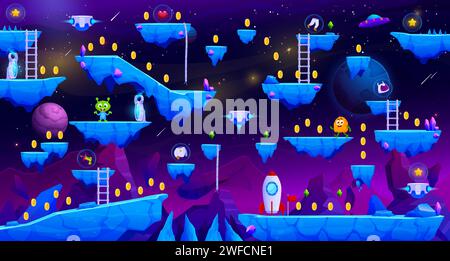 Arcade space planet game level map, vector interface with aliens and ice stone platforms. Golden coin bonuses, rocket shuttle or spaceship and alien Martians on ice rocks for arcade game background Stock Vector