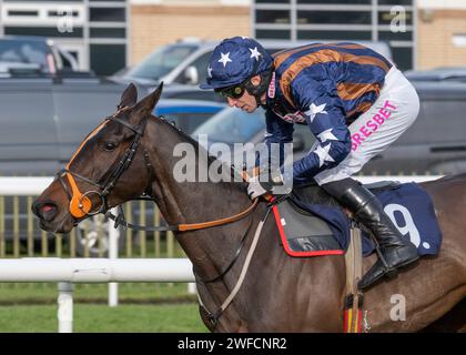 Dysart Enos wins Download The At The Races App Novices' Hurdle at Doncaster Racecourse for Fergal O'Brien and Paddy Brennan on Sun 28 Jan 2024 Stock Photo