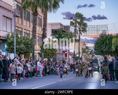 The Three Kings Christmas celebration starts off in Carrer Del 19 Abril, the main road through San Miguel de Salinas, Alicante, Spain Stock Photo