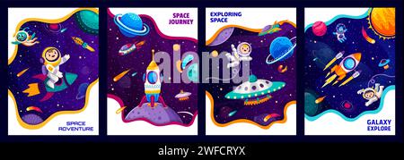 Space posters and flyers cartoon astronauts, ufo and aliens, spaceship and stars. Vector vertical cards with spacecraft and funny cosmonauts in starry universe or galaxy. Interstellar cosmic adventure Stock Vector