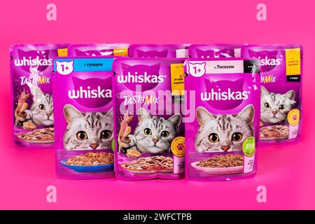 Dnipro, Ukraine - August 04, 2023: Various Whiskas cat food ready for sale on supermarket shelves. Cat food as background Stock Photo