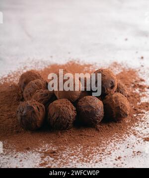 Photography highlighting a delicious black chocolate truffle, expertly coated in cocoa powder. This homemade confectionery is a sweet masterpiece, iso Stock Photo