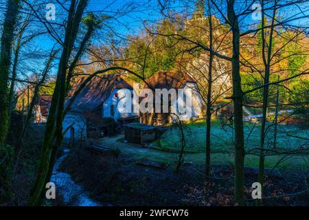 The water mill building was built in 1780 and aqueduct, became a part of the Ermitage in 1814.  The aqueduct leads the water to both mills and then ta Stock Photo