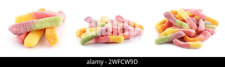 Colorful jelly worms in sugar isolated on a white background. Gummy candies. Snakes Stock Photo