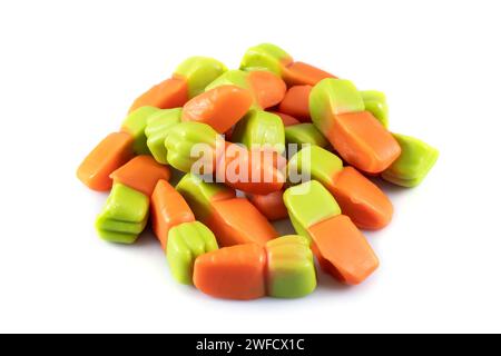 jelly carrots candies on a white background. Colorful fruit gum candies Stock Photo