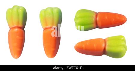 Collection of jelly carrots candies isolated on a white background. Colorful fruit gum candies Stock Photo