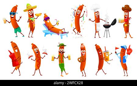 Cartoon sausage characters, isolated vector bratwurst personages with big smile and lively eyes, wearing a chef hat and holding a spatula, cooking bbq dish, drink beer or eat hotdog, cheer and fun Stock Vector