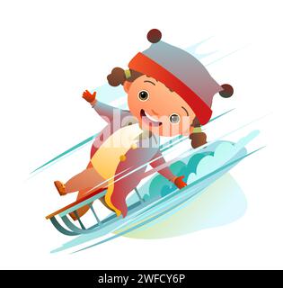 girl rides a sled. Child in winter clothes. Fun frost. Winter clothes. Object isolated on white background. Cartoon fun style Illustration vector Stock Vector