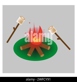 cartoon bonfire marshmallow on light background. Summer camp. Vector illustration. Stock image. EPS 10. Stock Vector
