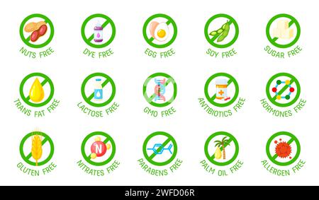 Sugar, gluten, GMO, lactose free icons and symbols. Bio safe agriculture product, hormones contain certification or natural food warranty vector seal. No DYE, eggs, soy free, sugar and trans fat signs Stock Vector