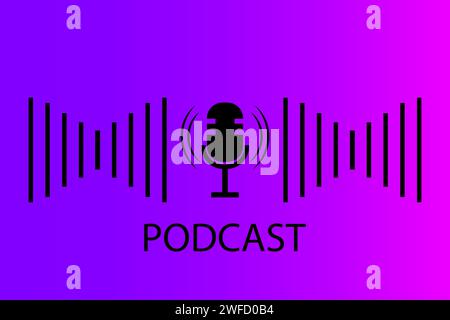 Podcast logo. Radio symbol. Music wave. Creative art. Microphone icon. Violet backdrop. Vector illustration. Stock image. EPS 10. Stock Vector