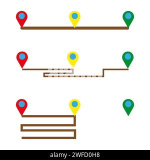 Cartoon paths colored pins in cartoon style. Road trip. Mark location. Vector illustration. EPS 10. Stock Vector