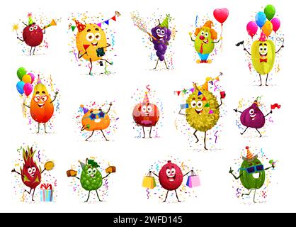 Cartoon cheerful fruit characters on birthday holiday anniversary. Kids birthday party guava, lemon, apple and orange, pear, banana isolated vector cute personages with balloons, gift and confetti Stock Vector