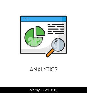 Analytics. CDN. Content delivery network icon, Website CDN technology, Internet media database storage and backup server outline vector symbol with infographics on web page and magnifying glass Stock Vector