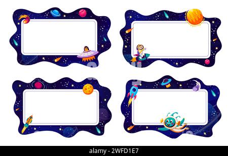 Cartoon frames with galaxy space landscape and funny characters of kid astronaut and alien. Vector frame borders set with starry space sky, UFO, rockets, planets and stars, Sun, comets and nebulae Stock Vector