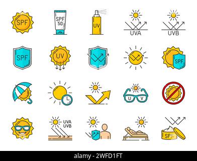 SPF, sunscreen, sun and ultraviolet protection color icons. Ultraviolet reflect cosmetics, suntan safety screen or SPF lotion outline vector signs with sunglasses, cream tube, shield and sprayer Stock Vector