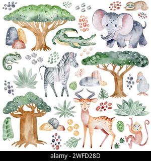 Collection of African animals. Watercolor safari nursery. Cartoon characters giraffe, rhinoceros and set of decorations, footprints and leaves. Stock Photo