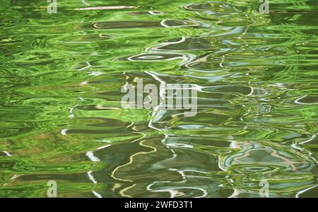 Oil paintings-like water surface with ripples and green foliage reflections Stock Photo