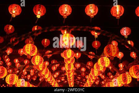 Fantastic Night View of Chinese Hanging Lanterns in Rows Displayed as the Lucky Charms During Lunar New Year Stock Photo