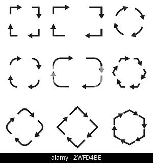 Arrows icons set in a circle. Collection of black cursors. Pointer down, up, left to right. Simple signs, different shapes. Vector illustration. EPS 1 Stock Vector